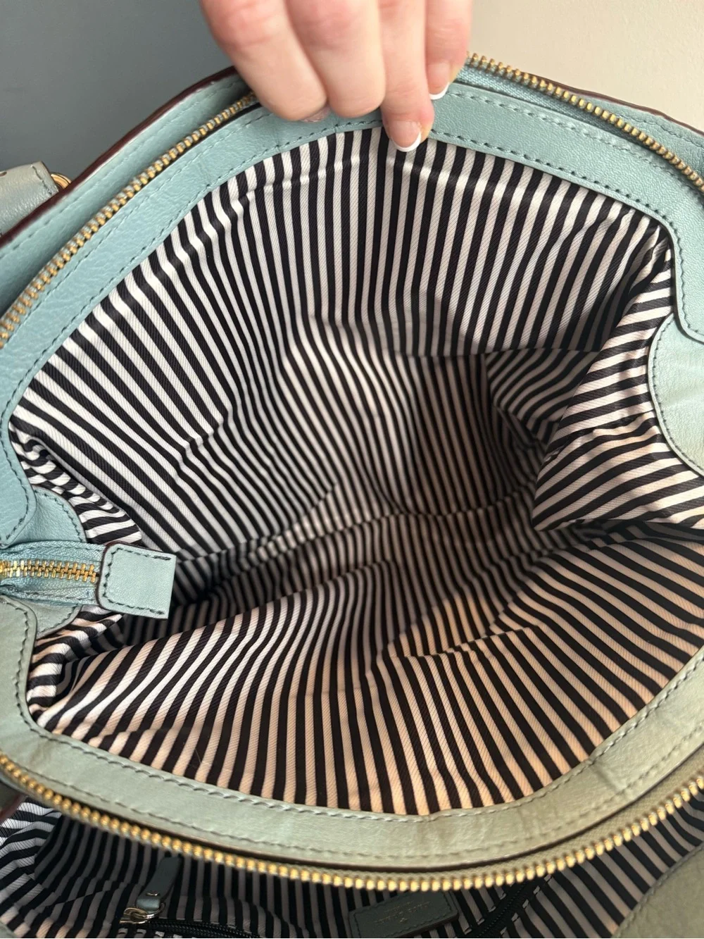 kate spade light blue leather satchel with gold toned hardware